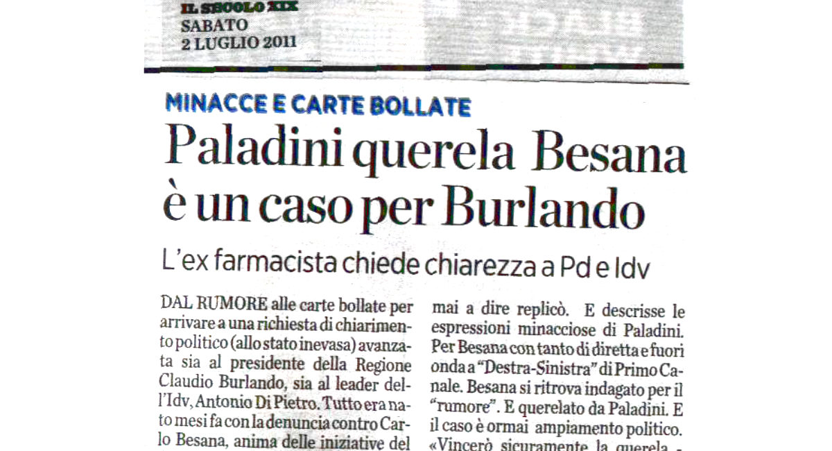 Paladini (IDV) querela Besana: questa non è una bega di quartiere